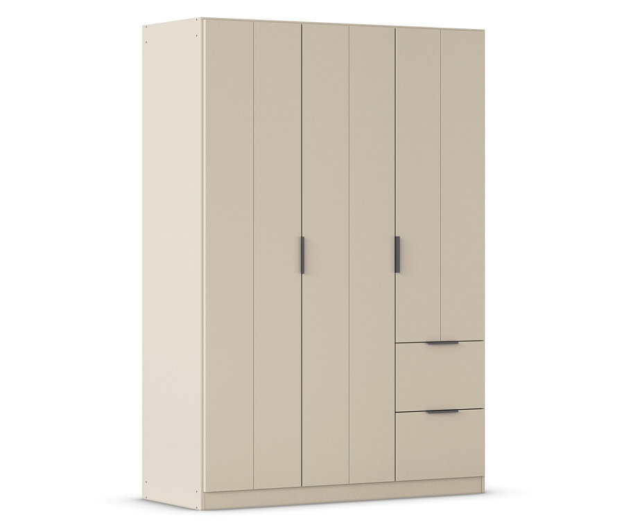 Beiger Kleiderschrank mit vier Türen und zwei Schubladen mit dunklen Griffen.