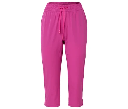 Pinkfarbene Outdoor-Caprihose mit elastischem Bund und Kordelzug.