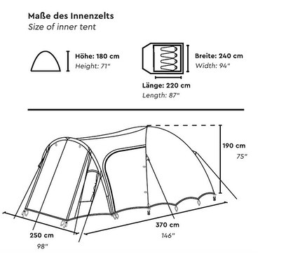 Skizze eines Zeltgrundrisses mit Breiten-, Längen- und Höhenangaben in Zentimetern und Zoll.