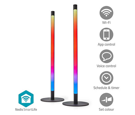 Zwei LED-Stehlampen mit Farbverlauf von Gelb über Rot nach Blau.
