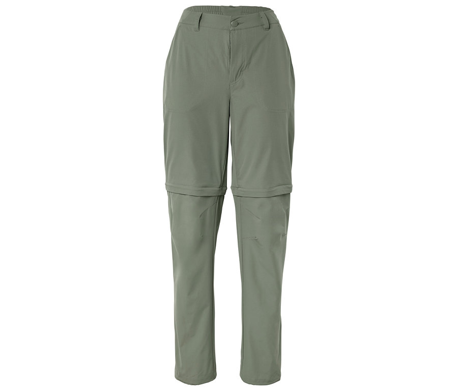 Olivgrüne, lange Hose mit abnehmbaren Hosenbeinen, freigestellt vor einem weißen Hintergrund.