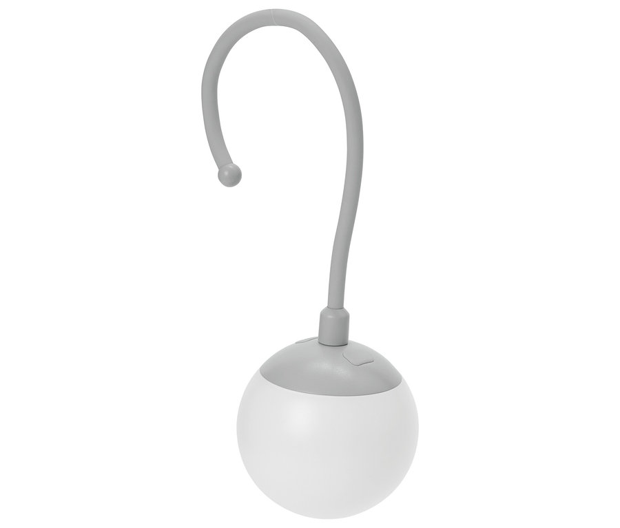 Eine graue Lampe mit einem runden, weißen Lampenschirm.