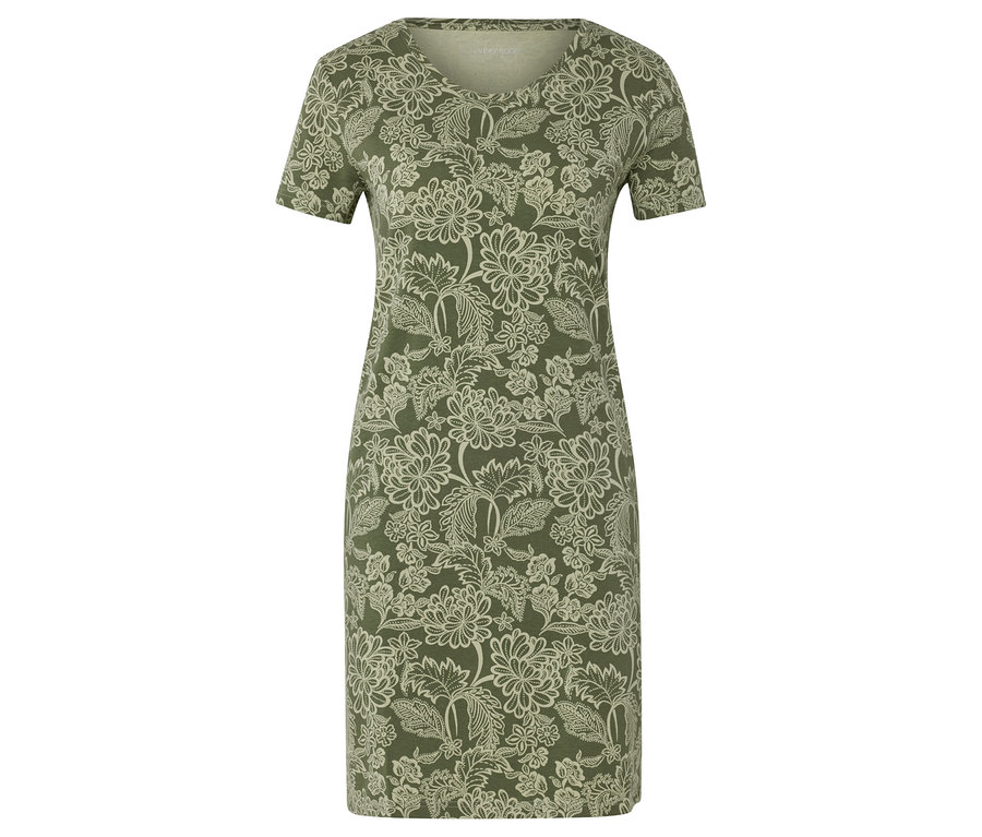 Ein grünes Kleid mit einem weißen Blumenmuster.