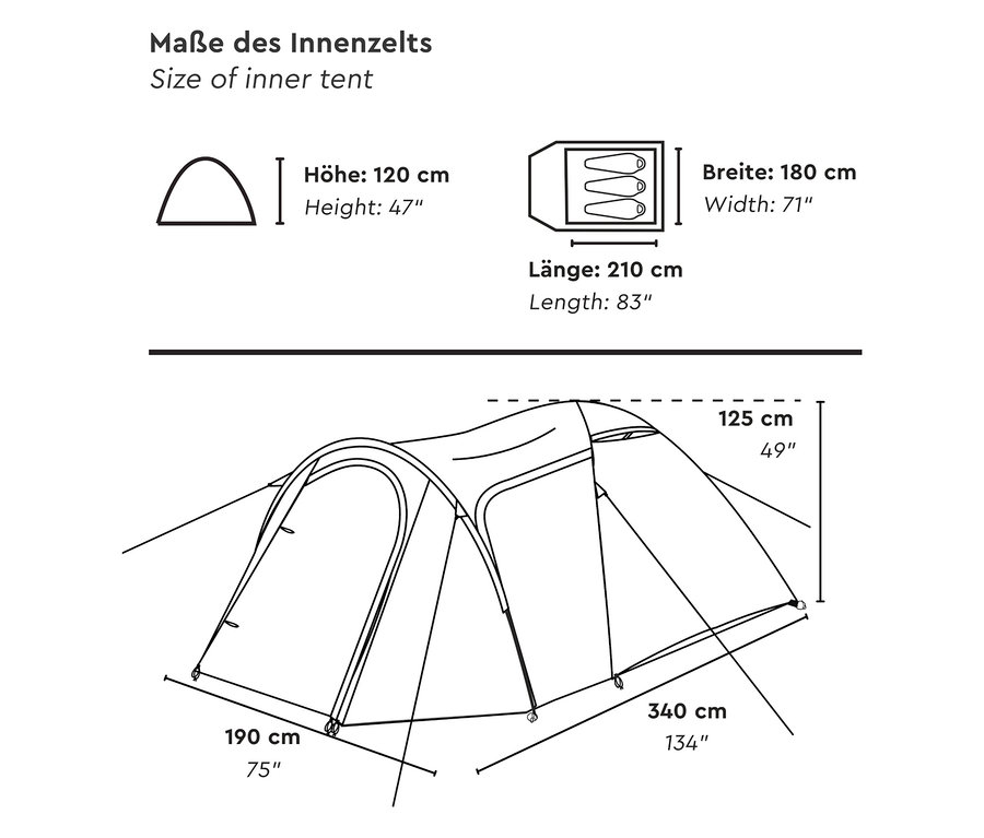 Abbildung des Tambu 3-Personen-Kuppelzelts »AKASA« mit Maßangaben zu Höhe, Breite und Länge des Innenzelts.