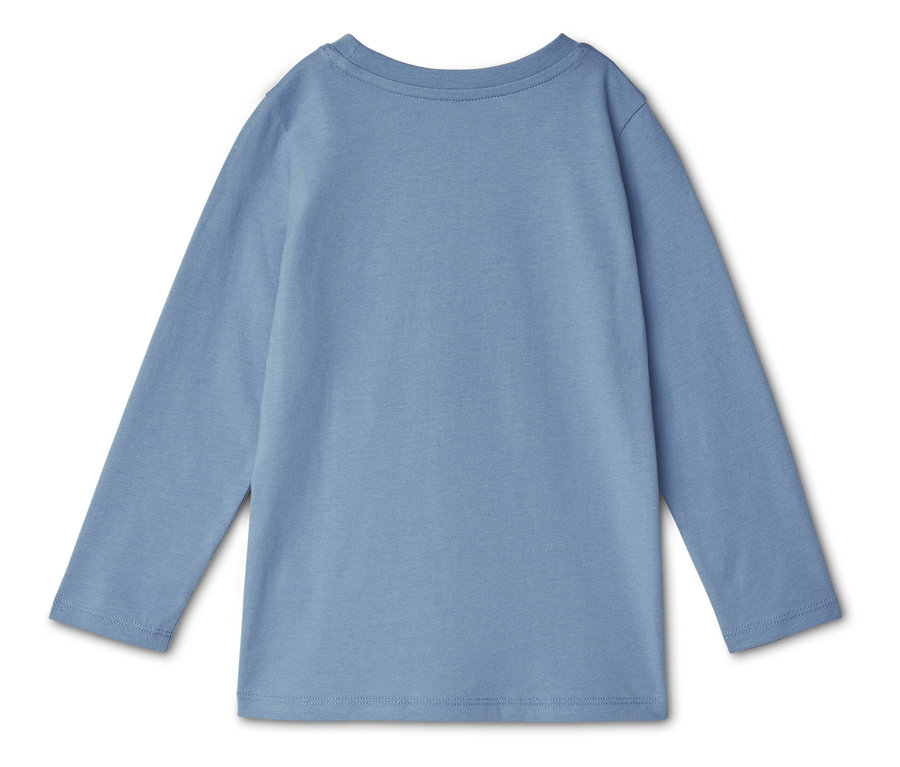 Hellblaues, langärmliges T-Shirt von hinten, liegend auf einem weißen Hintergrund.