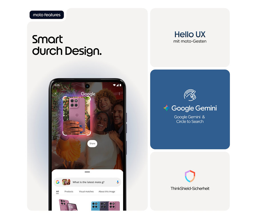 Auf einem Smartphone wird mit Google Lens nach einem Motorola moto g17 LTE in Evening Blue gesucht.