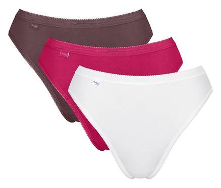 Drei Slips in Dunkelbraun, Fuchsia und Weiß, schräg übereinander liegend, mit sloggi-Logo am Bund.
