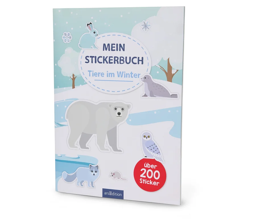 Ein Mein Stickerbuch Tiere im Winter mit Illustrationen von Wintertieren wie Eisbär, Robbe und Hase.