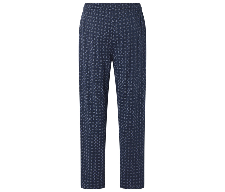 Blaue Hose mit kleinem Blumenmuster.