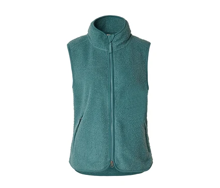 Petrolfarbene Teddyfleece Weste mit Stehkragen, durchgehendem Reißverschluss und einer Reißverschlusstasche.