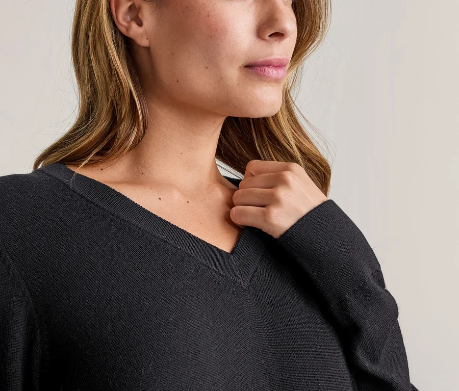 Nahaufnahme einer Frau in einem schwarzen V-Ausschnitt-Pullover, die nach rechts blickt und mit der rechten Hand den Kragen berührt.