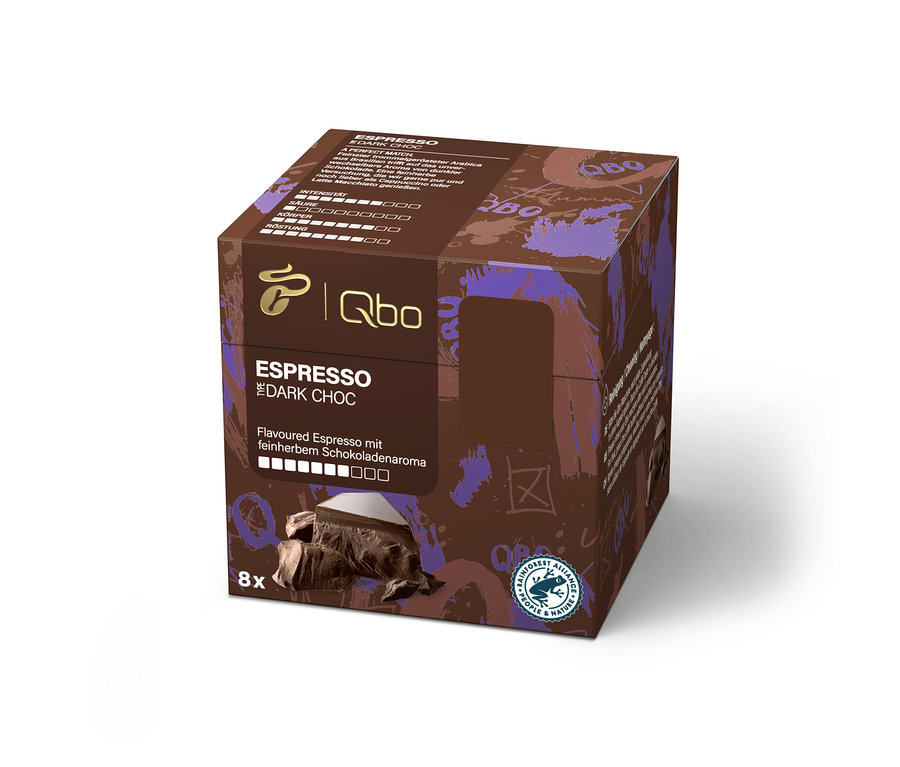 Eine Packung Qbo Flavoured Selection - 24 Kapseln mit Zartbitterschokoladengeschmack.
