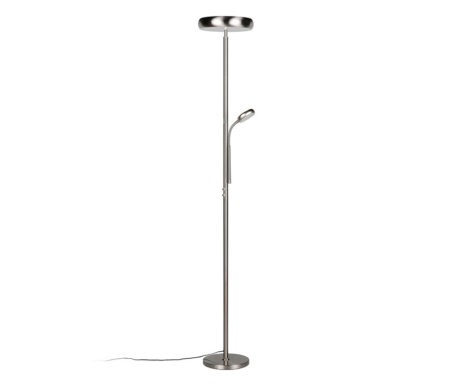 Gebürstete Reality LED-Stehleuchte »Palermo« aus Metall mit nach oben gerichtetem Hauptlicht und flexiblem Arm mit kleinerer LED-Leselampe.