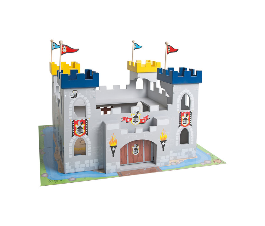 roba 3-in-1-Ritterburg: graues Spielzeugschloss mit blauen und gelben Zinnen, Fahnen, Burgtor mit Fackeln und Spielmatte mit Fluss.