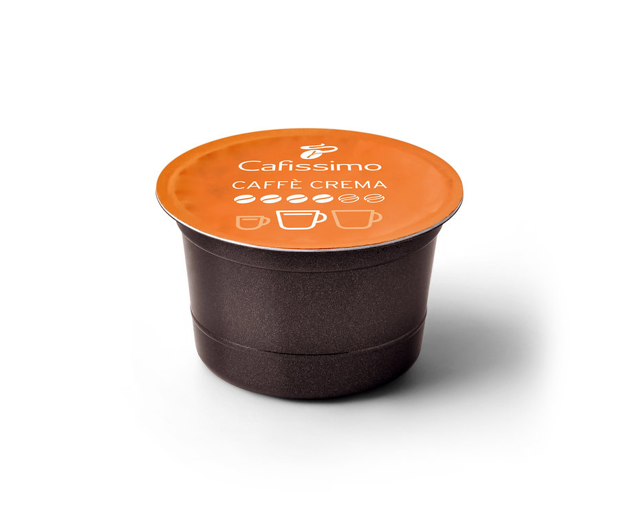 Dunkelbraune Cafissimo Caffè Crema vollmundig Kapsel mit orangefarbenem Deckel, darauf Kaffeebohnen und Tassensymbole.