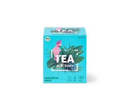 Packung TEA by Tchibo Bio Kräutertee Minze - 8x 20 Teebeutel, türkis Box mit Kakadu-Papagei und TEA Schriftzug.