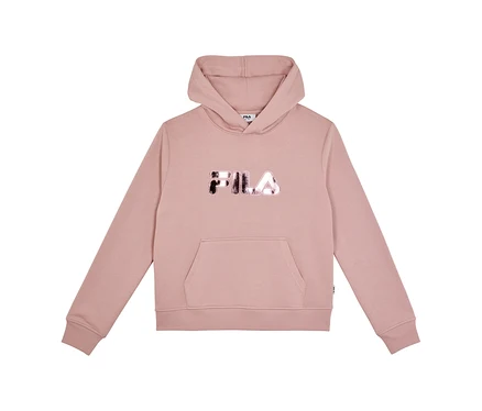 FILA Damen-Hoodie in Rosa mit glitzerndem FILA-Logo auf der Brust und Kängurutasche.