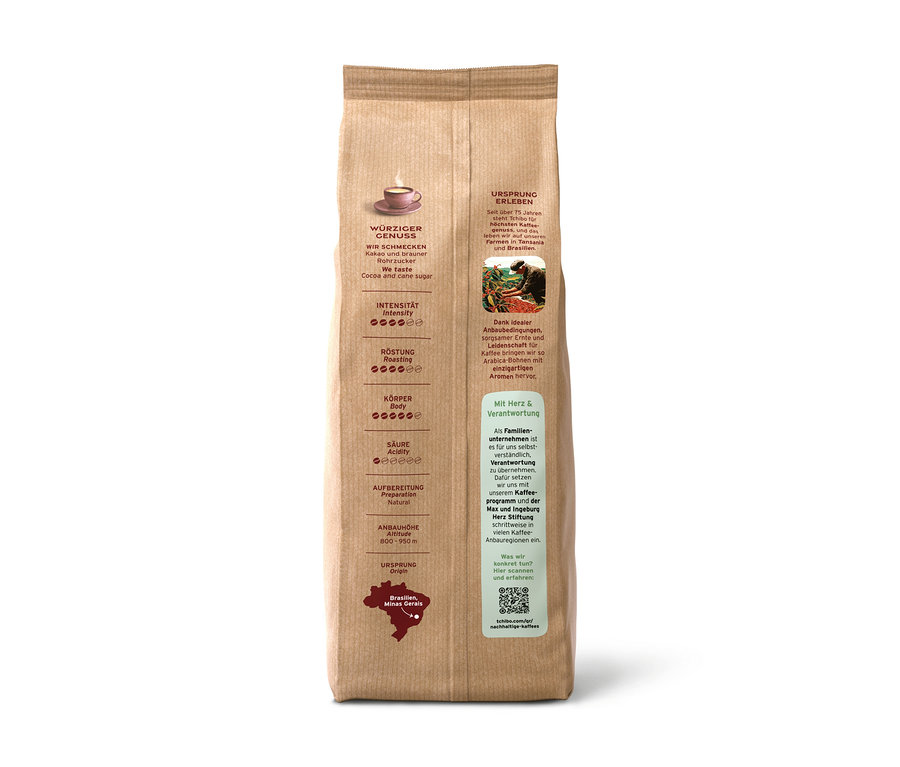 Braune Papiertüte Farmkaffee Ipanema (500 g Ganze Bohne) mit Informationen zu Geschmack, Intensität, Röstung, Säure, Herkunft Brasilien und einem QR-Code.