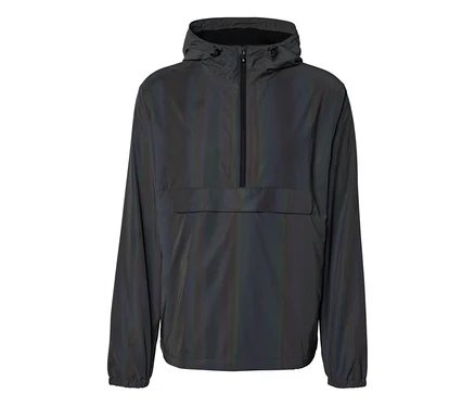 Dunkle, reflektierende Kapuzenjacke mit halbem Reißverschluss und großer Vordertasche.