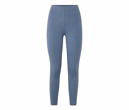Blaue, melierte Leggings mit hohem Bund, flach liegend vor weißem Hintergrund.