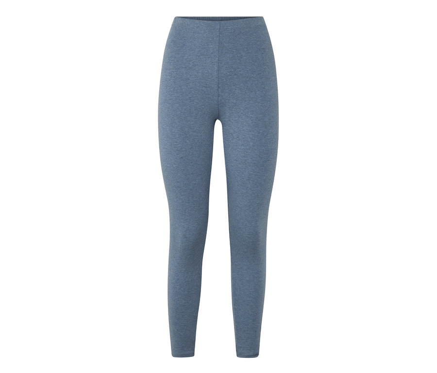 Blaue, melierte Leggings mit hohem Bund, flach liegend vor weißem Hintergrund.