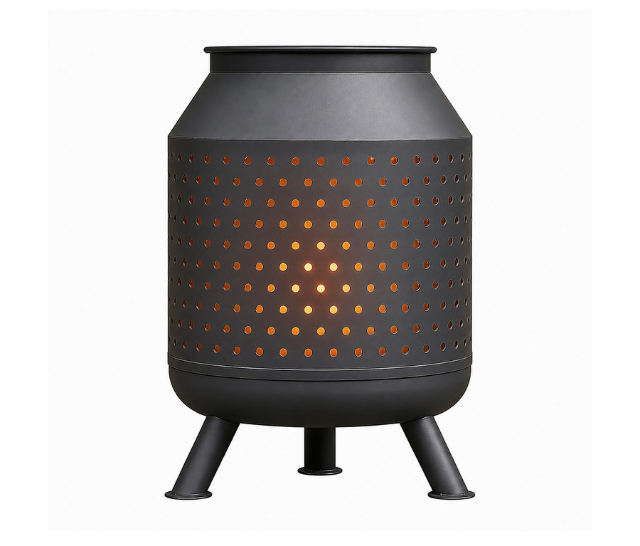 Dunkelgrauer Stahl-Feuerkorb für den Garten mit perforiertem Zylinder und orangefarbenem Licht, auf drei Beinen stehend.