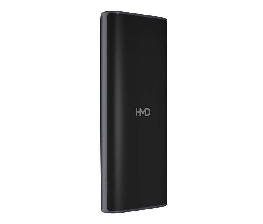 Schwarzes HMD 105 4G Mobiltelefon mit abgerundeten Kanten und HMD-Logo.