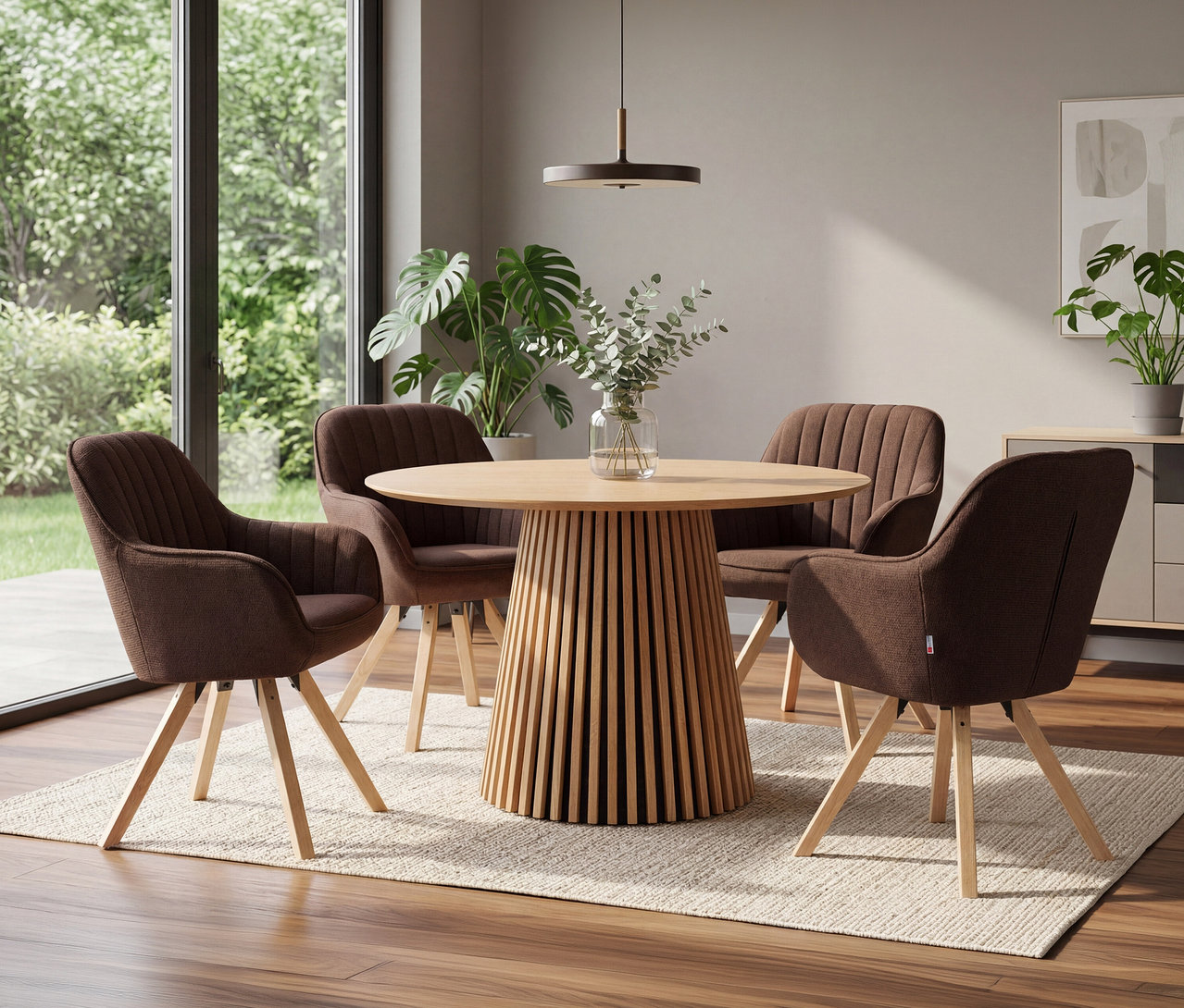Ein Esszimmer mit einem runden Holztisch mit Lamellenfuß und vier dunkelbraunen deVries Diningsessel Matera auf einem hellen Teppich. Im Hintergrund ist ein großes Fenster mit Blick in einen Garten.