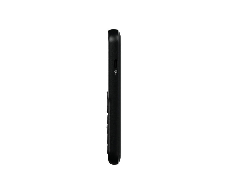 Schwarzes Doro Leva E10 LTE Telefon, Seitenansicht, das seine rechte Kante mit einem kleinen Anschluss oben zeigt.