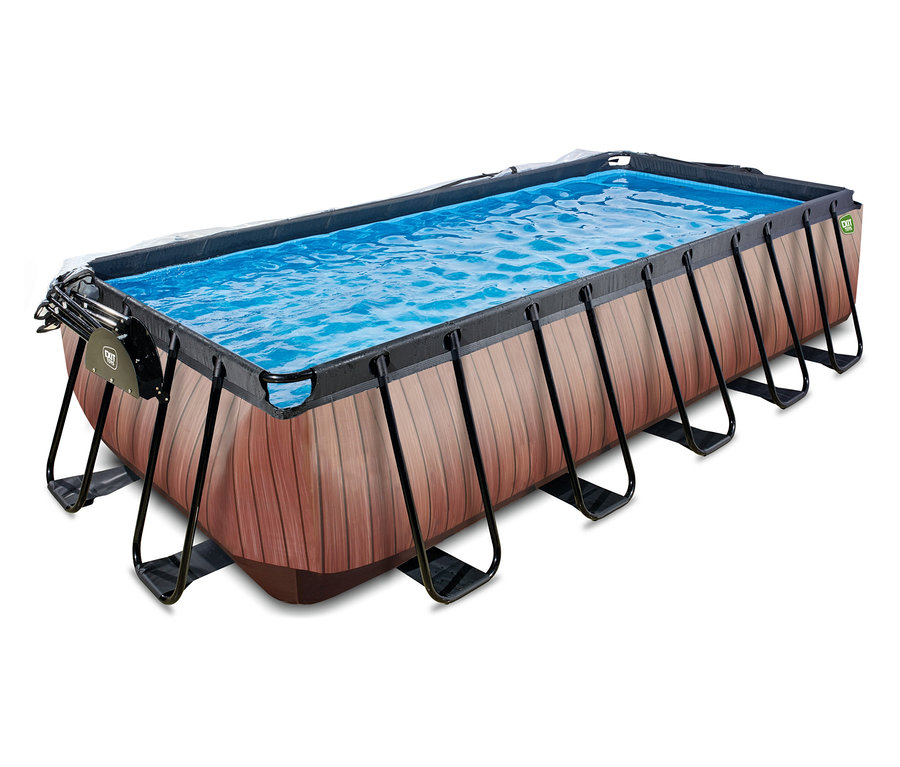 Rechteckiges EXIT Pool-Set in Holzoptik, 540 x 250 cm, gefüllt mit blauem Wasser.