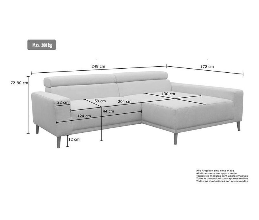 Maßzeichnung eines DOMO Eck-Schlafsofas »Malmö« mit Longchair. Es zeigt die Maße: Gesamtbreite 248 cm, Longchair-Tiefe 172 cm, Höhe 72-90 cm, Sitztiefe 59 cm, Sitzhöhe 44 cm, Armlehnenbreite 22 cm, Beinhöhe 12 cm. Max. Belastbarkeit 300 kg.