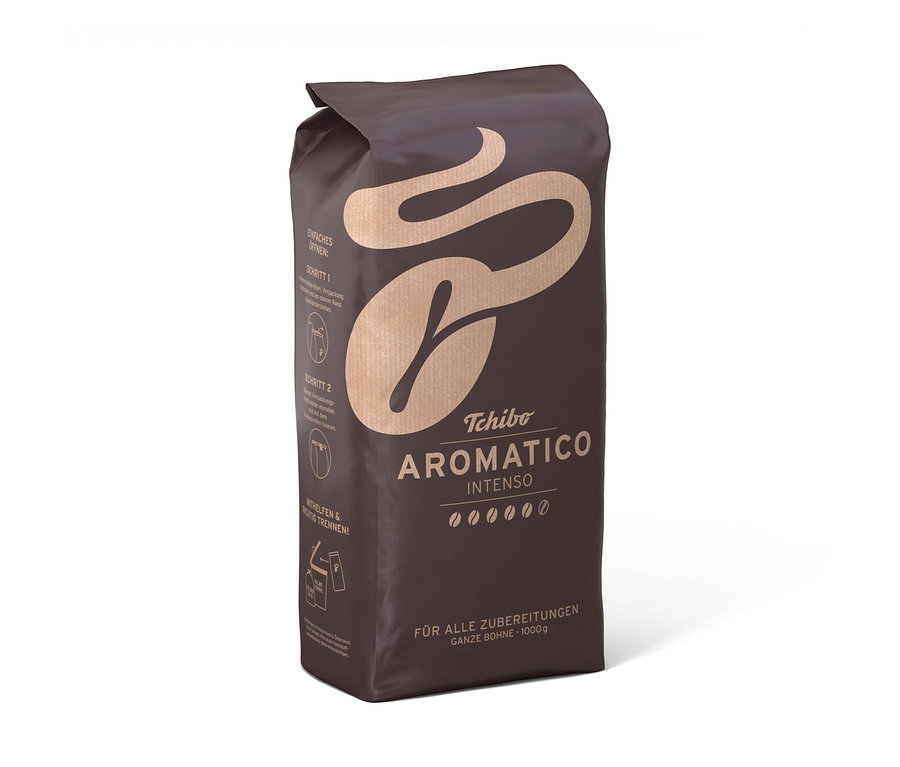 Eine braune Packung Aromatico Intenso - 1 kg Ganze Bohne Kaffee steht aufrecht.