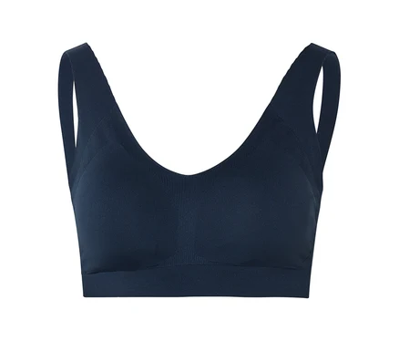Blauer Sport-BH mit V-Ausschnitt und breiten Trägern.