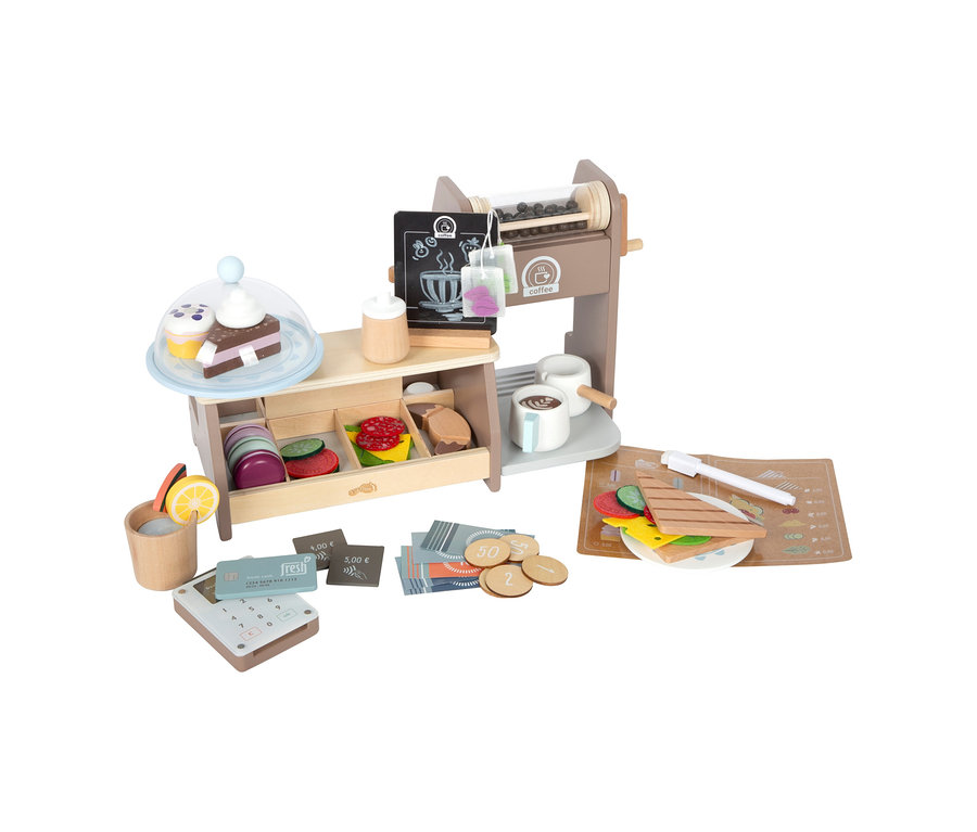 small foot Barista-Set aus Holz mit Kaffeemaschine, Theke, Desserts unter einer Glocke, Sandwich, Bezahlterminal und Spielgeld.