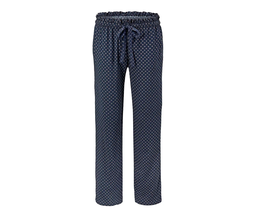 Eine dunkelblaue Relaxhose mit Muster und Zierband in der Taille.