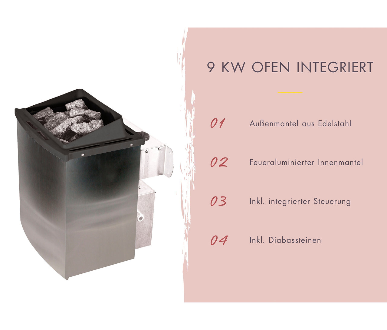 Ein silberfarbener 9 KW Saunaofen mit schwarzer Oberseite, gefüllt mit dunkelgrauen Diabassteinen. Er verfügt über einen Außenmantel aus Edelstahl und eine integrierte Steuerung.