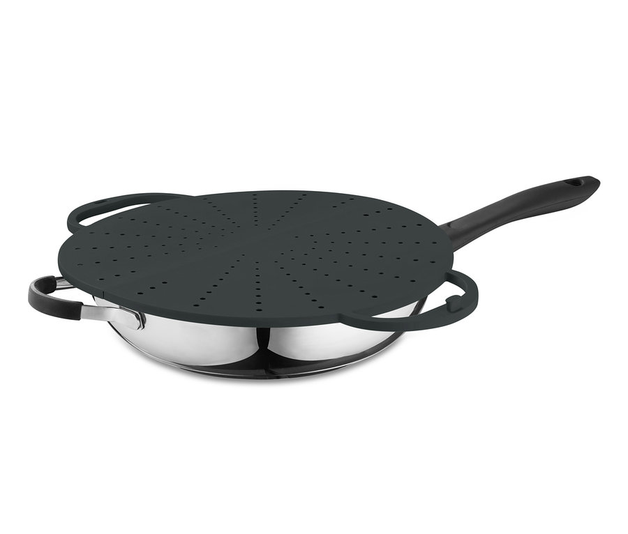 Edelstahlpfanne mit Küchen-Allrounder und 3-in-1-Pfannenspritzschutz.