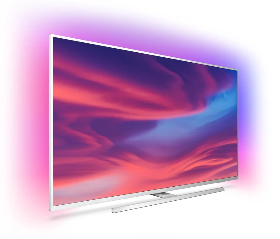 Nahaufnahme eines Philips 4K UHD LED-Smart TV mit Ambilight, der abstrakte Kunst anzeigt.