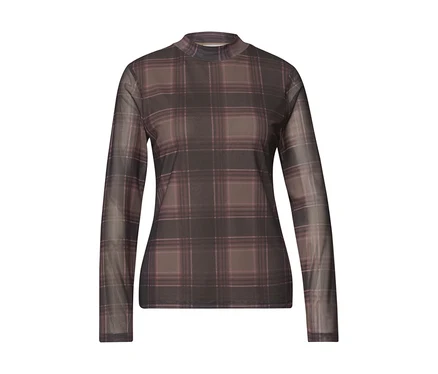 Street One Mesh-Shirt in Dunkelbraun mit rosa Karomuster und langen Ärmeln.