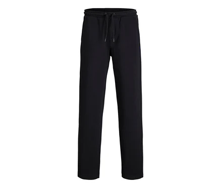 Schwarze Jack&Jones Bradley Sweatpants mit Kordelzugbund, flach liegend vor weißem Hintergrund.