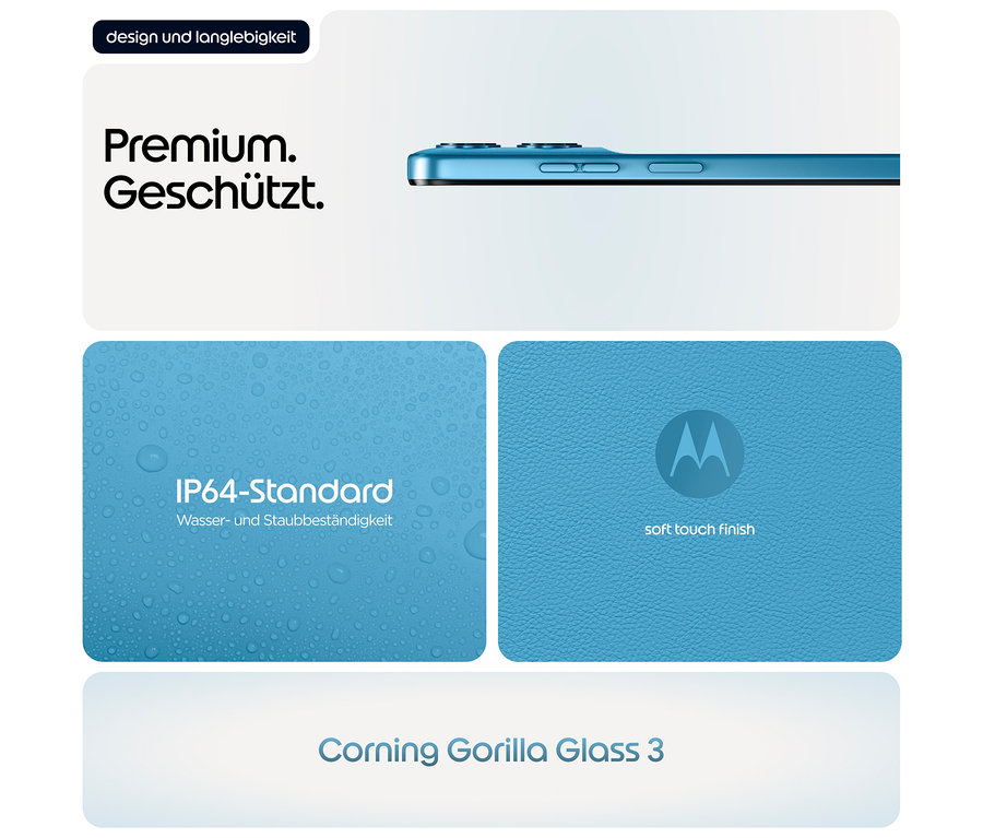 Nahansicht des Motorola moto g17 LTE 128GB in Alaskan Blue, mit Details zu IP64-Standard und Corning Gorilla Glass 3.