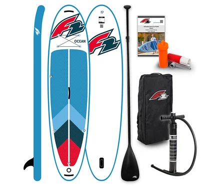 F2 SUP Board »Ocean ltd« Set mit aufgeblasenem weiß-blau-rotem Board, gerolltem Board, Paddel, Pumpe, Tasche, Anleitung und Zubehör.
