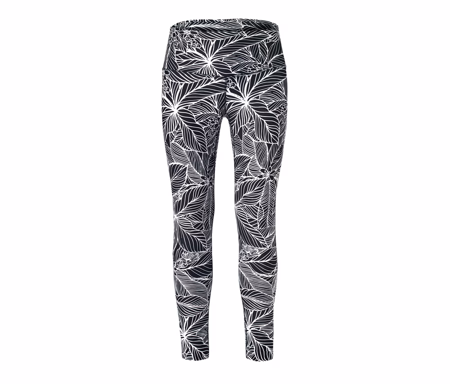 Schwarze Sporttights mit weißem Blumenmuster.