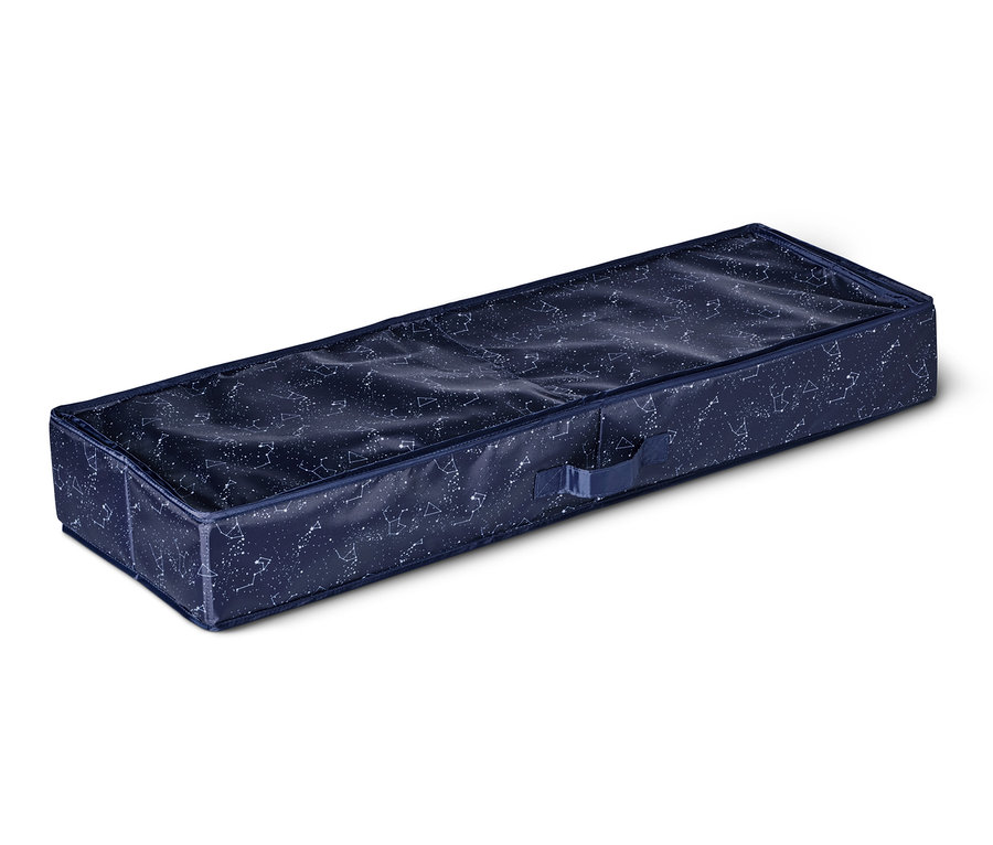 Blauer Geschenkpapier-Organizer mit weißem Sternbild-Muster liegt auf einem weißen Hintergrund.