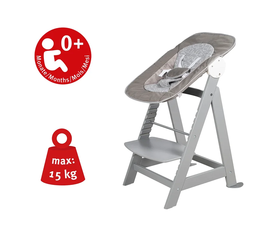 Grauer Kinderhochstuhl mit Liegeaufsatz für Babys ab 0 Monaten und bis maximal 15 kg.