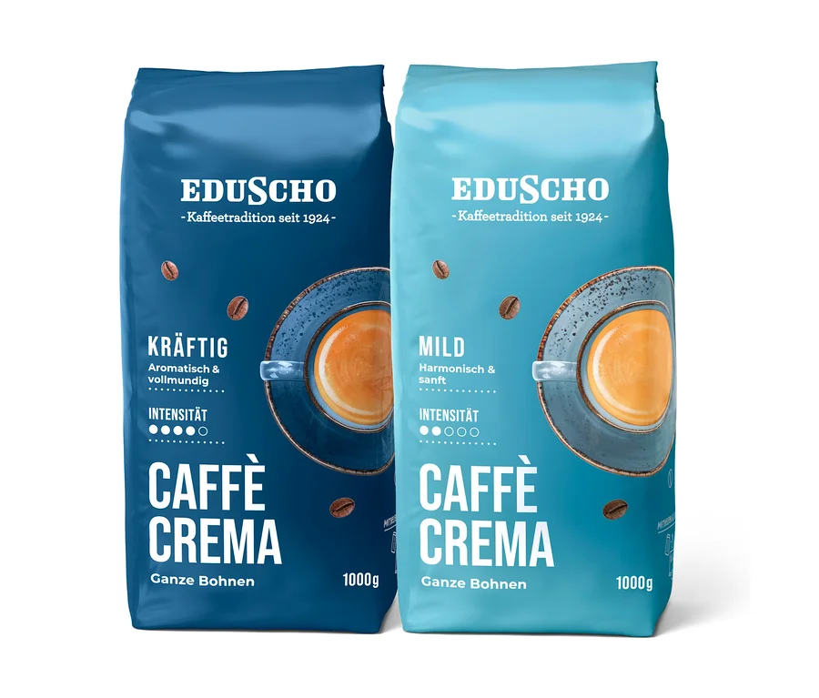 Zwei Packungen Eduscho Caffè Crema Probierset: eine dunkelblaue Packung "Kräftig" und eine hellblaue Packung "Mild", beide mit 1000g ganzen Bohnen.