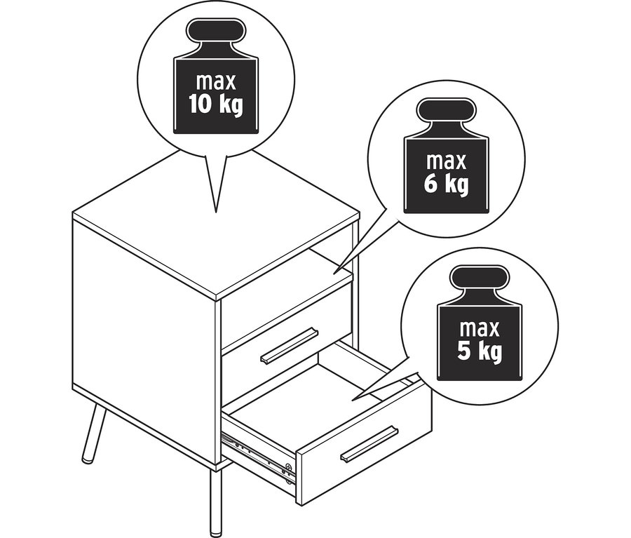 Beistelltisch in Holzoptik mit 2 Schubladen und offener Ablage. Maximale Belastung: 10 kg oben, 6 kg für die offene Ablage, 5 kg pro Schublade.