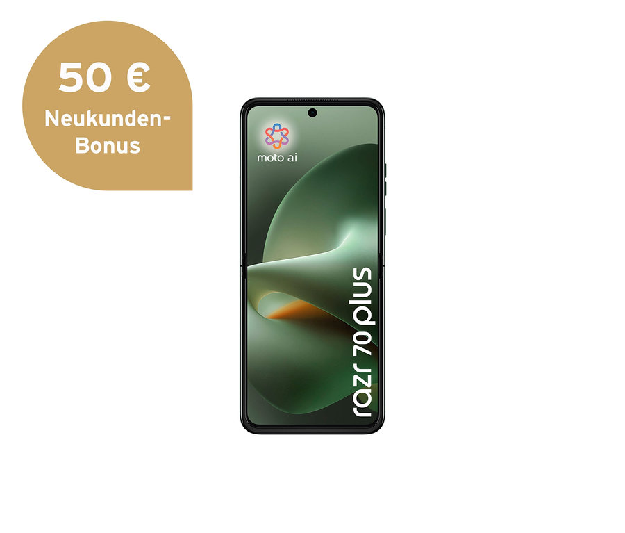 Schwarzes Smartphone mit grünem, abstraktem Hintergrundbild, dem 'moto ai'-Logo und dem Text 'razr 70 plus', daneben eine goldbraune Sprechblase mit '50 € Neukunden-Bonus'.