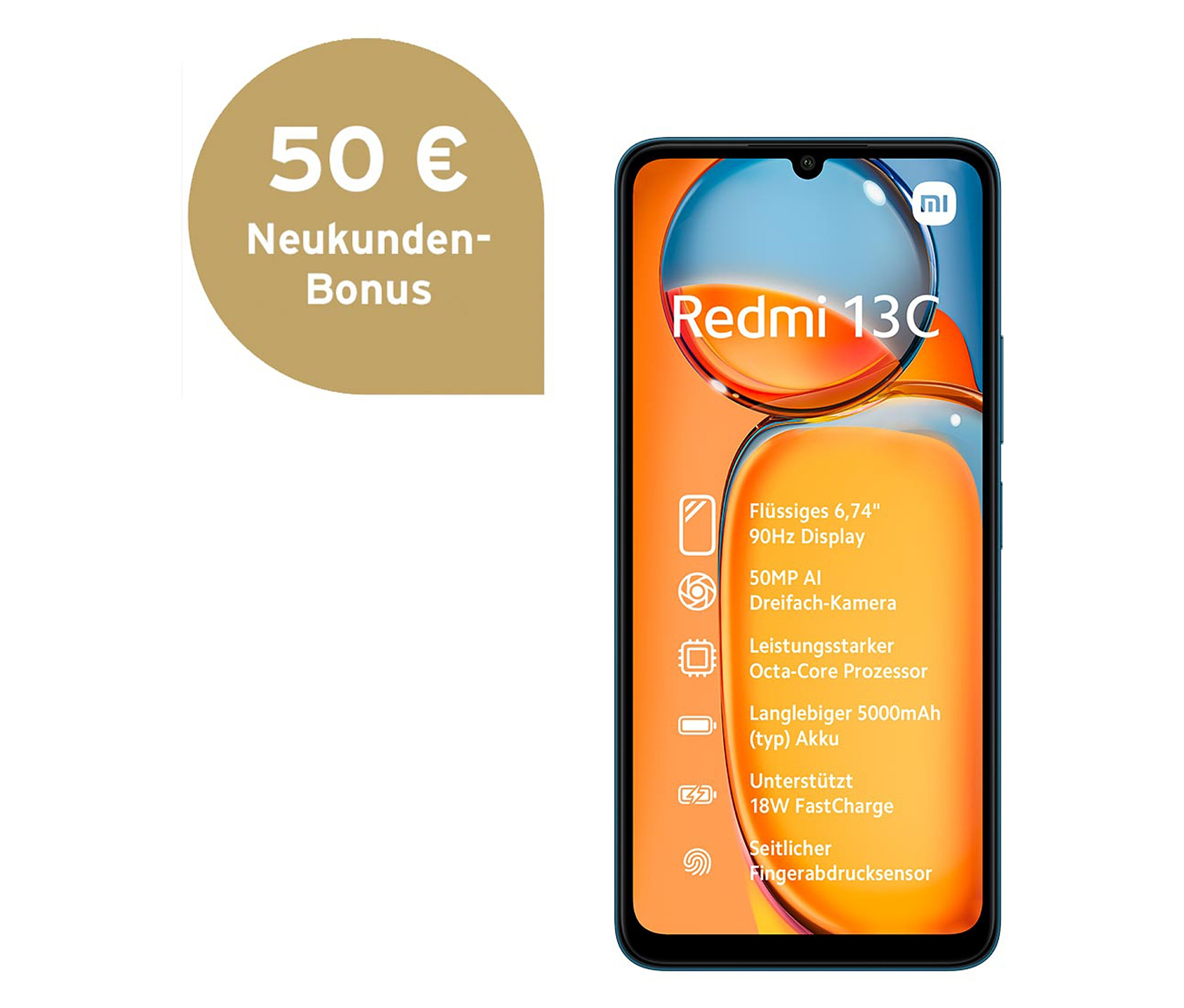 Abbildung eines marineblauen Xiaomi Redmi 13C mit 128 GB Speicher und orangefarbenem Hintergrund.