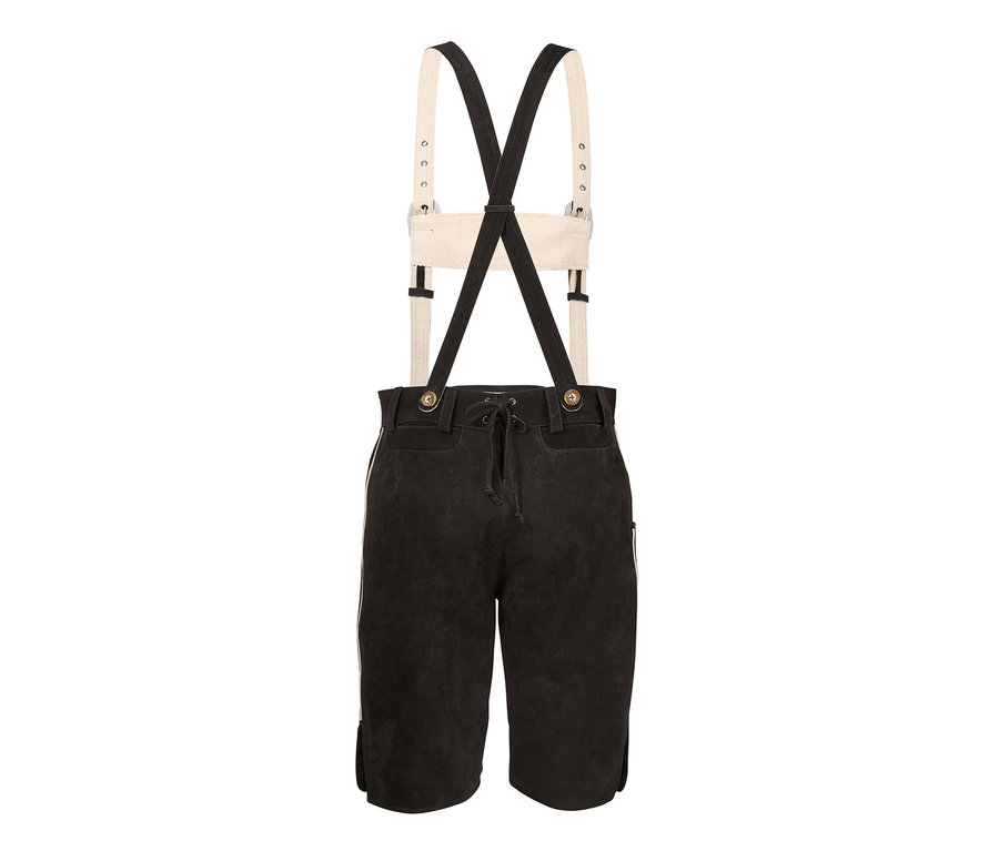 Eine Trachten-Lederhose mit beigen Hosenträgern.